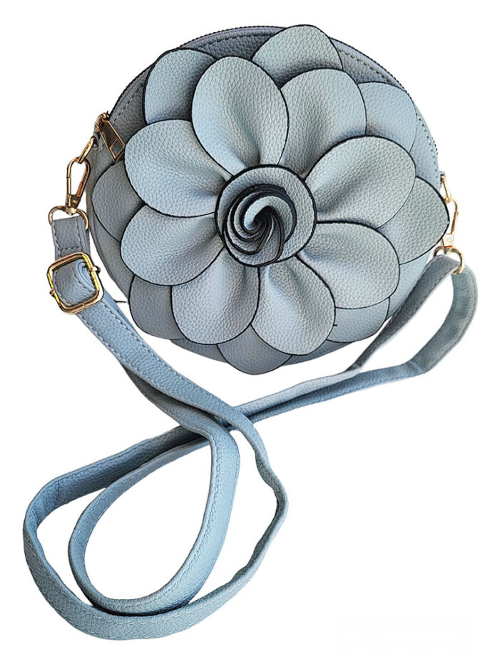 gaiši zila apaļa plecu soma ar 3D ziedu
